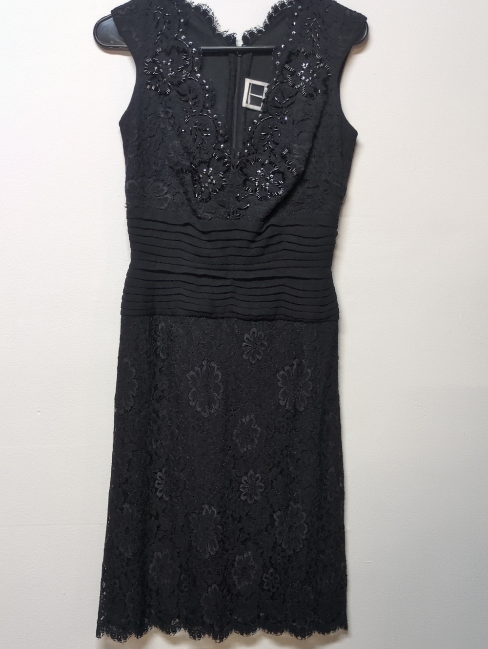 Tadashi Collection Black Lace Satin Beaded Sheath Cocktail Dress, Size 2
